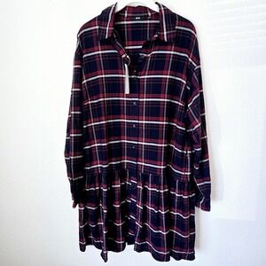 NWT Uniqlo Women Large Plaid Flannel Tier Long Sleeve Mini Dress Clueless Preppy